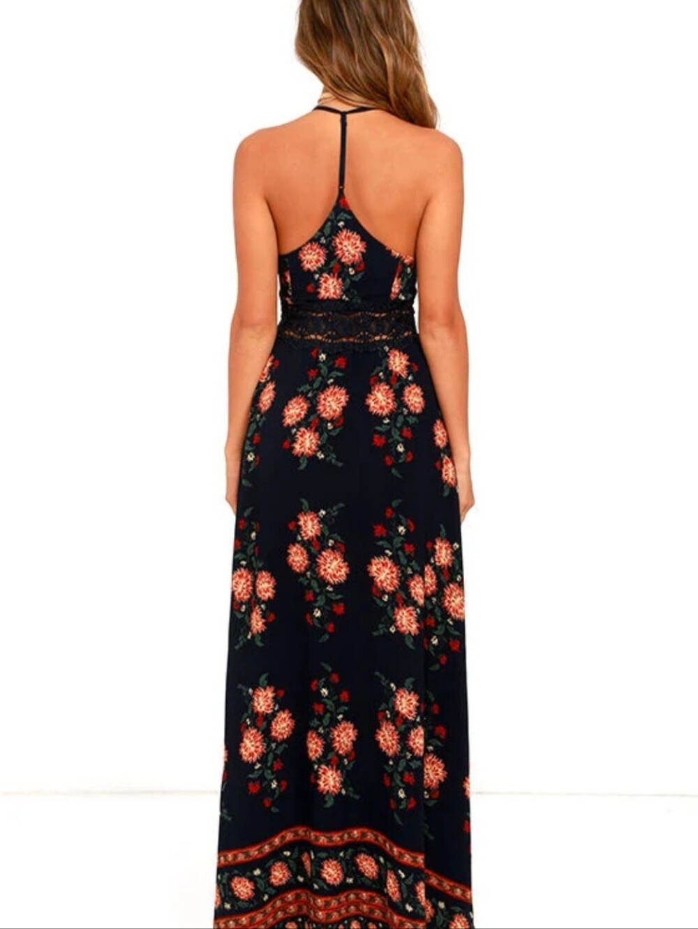 Boho Floral Maxi Dress Navy Blue Orange Floral Lace Waist Cottagecore Size M - Picture 4 of 11